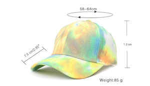 Detailed size specifications for tie-dye baseball cap including brim and circumference