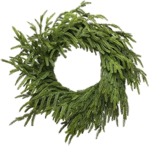 Detail of lush green artificial pine Christmas wreath with realistic needle texture