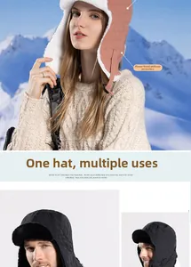 Close-up of quilted waterproof earflap hat with thick plush lining and windproof buckle