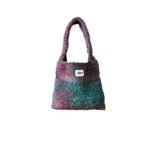 Minimalist gradient knit shoulder bag in purple, green and blue mixed yarn