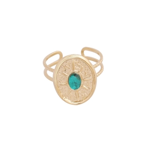 Vintage stainless steel ring with green oval gemstone and sunburst texture detail