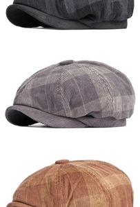 Detail showing the retro plaid texture and corduroy material of octagonal newsboy hats