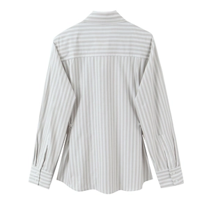 Back view of a striped poplin shirt for women featuring shoulder pads and a collared neckline