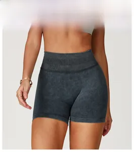 Vue détaillée du short de sport sans couture noir délavé à taille haute nervurée