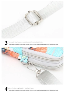 Detail of adjustable silver strap buckle and floral oxford fabric on crossbody bag