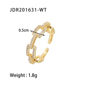 Detailed view of 18K gold chain ring with cubic zirconia inlay and size specifications