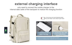 Detail showing an external USB charging port on a beige stylish women backpack