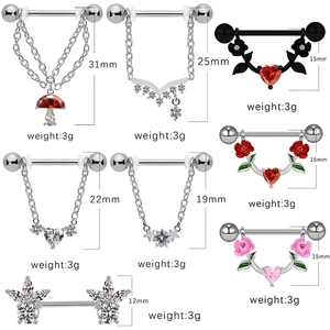 Various stainless steel nipple rings with mushroom heart and star designs in multi-sizes