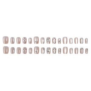 Lot de 24 faux ongles élégants champagne avec œil de chat, pois et strass scintillants