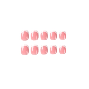 Short square white French tip press-on nails set with natural pink base for women