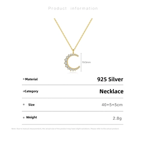 Detailed size and material information for the S925 sterling silver moon pendant necklace