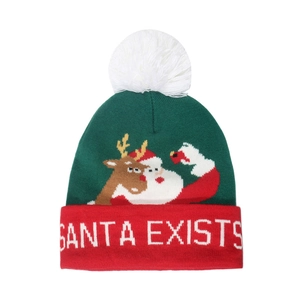Detail der Weihnachtsstrickmütze mit Weihnachtsmann-Motiv und Santa Exists Schriftzug