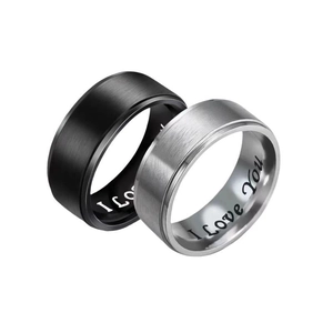 Brushed titanium steel rings for couples in black and silver with I Love You engraving