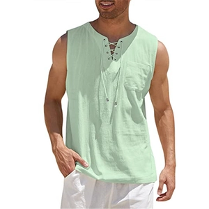 Detail of men's mint green linen tank top featuring lace-up V-neck and chest pocket