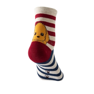 Detail of cotton crew socks featuring cute cartoon dog patterns and red blue stripes