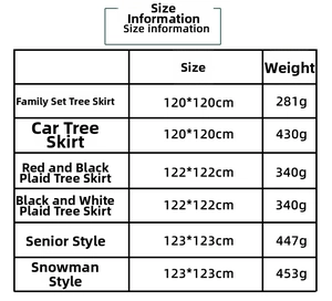 Detailed size chart table for plaid Christmas tree skirts with snowman and Santa designs