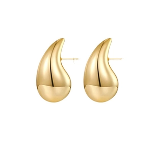Symmetric pair of golden teardrop stud earrings with a polished metallic mirror finish