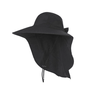 Detail view of quick-dry sun hat featuring mesh side vents and long protective neck flap