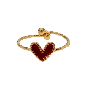 Minimalist red heart ring in gold finish with textured band and adjustable opening