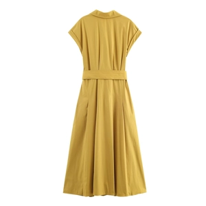 Robe midi élégante en popeline jaune vif à manches courtes avec ceinture et coupe en A
