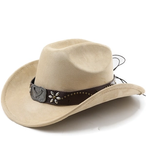 Detail of light tan suede cowboy hat with eagle buckle and silver floral studs