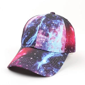 Detail of 3D nebula galaxy print baseball cap featuring purple and blue starry sky patterns