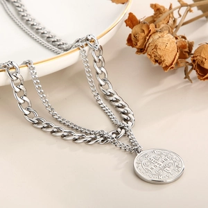 Retro silver double layer necklace with thick curb chain and portrait coin pendant