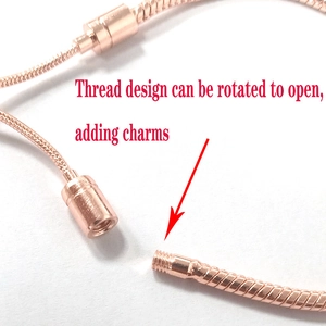 Rose gold snake chain bracelet with thread design for charms on white background