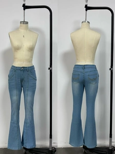 Front and back view of light blue flared jeans with retro wash and wave embroidery