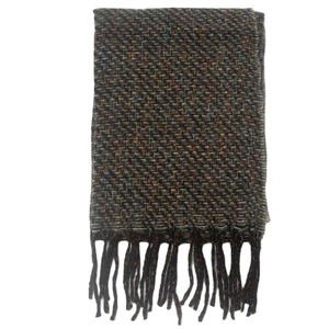 Detail shot of multicolor knit scarf texture with frayed fringe trim in gray and red