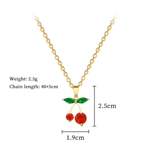 Detailed dimensions of cherry pendant necklace with red crystals and 40+5cm gold chain