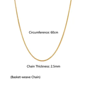 Detailed 60cm golden stainless steel wheat chain showing 2.5mm thickness specifications