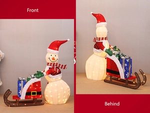 Vues avant et arrière d'un bonhomme de neige de Noël lumineux avec traîneau et cadeaux