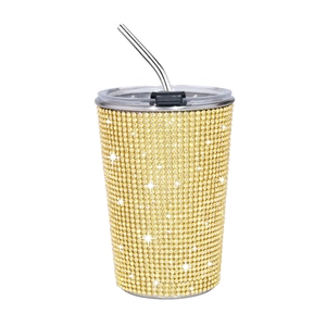 Golden rhinestone encrusted 17oz stainless steel travel tumbler with metal straw