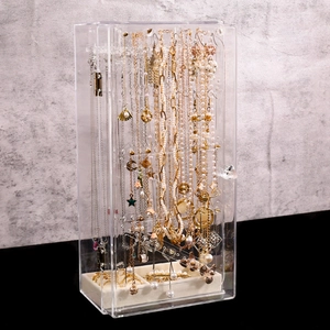 Vertical acrylic jewelry organizer for necklaces and rings with clear dustproof display