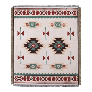 Bohemian geometric knit throw blanket with ethnic patterns and colorful fringe