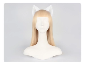 Detail of white handmade cat ear headband on golden blonde wig for cosplay costume