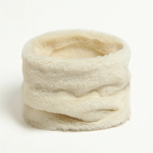 Close-up of cream faux rabbit fur neck warmer showing soft plush texture and high density