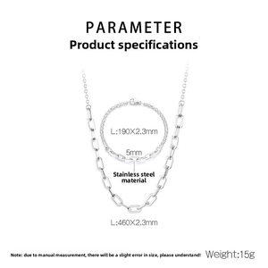 Detailed dimensions for stainless steel necklace and bracelet set with link chain design