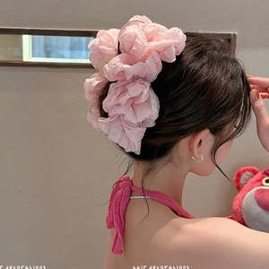 Pink multi-layer oversized bow hair claw clip in soft organza for voluminous hair