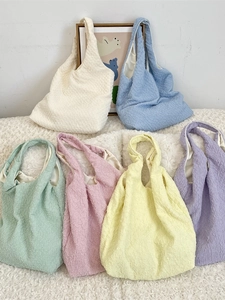 Collection of colorful pleated bubble texture tote bags in soft pastel macaroon shades