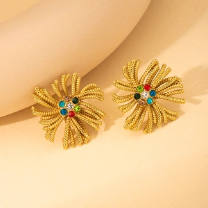 Star-shaped gold-plated titanium earrings with vibrant multicolor rhinestones and texture