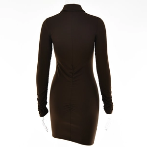 Rear view of a dark brown ruched mini dress with a slim fit and vertical back seam detail