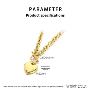 Polished stainless steel heart pendant necklace with OT toggle clasp and 8mm link chain
