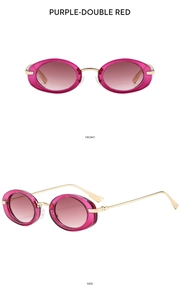 Detailed front and side views of vintage oval sunglasses with purple gradient lenses