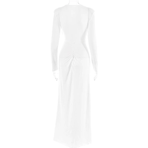 Vue détaillée du dos de la robe blanche à manches longues avec taille froncée et ourlet long