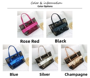 Collage of transparent PVC tote bags in five colors on beach hat and white background