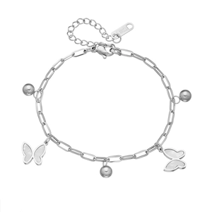 Bracciale a farfalla in acciaio inossidabile argento con catena a graffetta e perline
