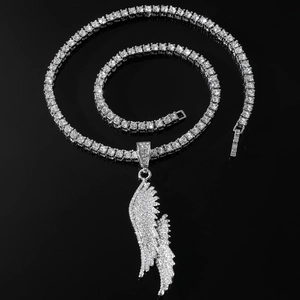 Hiphop silver tennis chain with large iced-out feather wing pendant and sparkling crystals