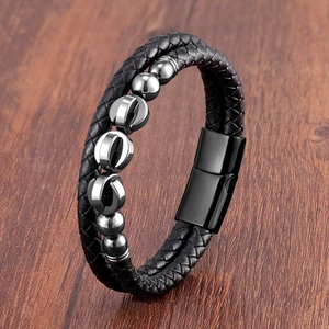 Men Braided Leather Bracelet Stainless Steel Magnetic Clasp Natural Stone Agate Beads Bohemian Retro Style Accessory